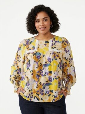 Elings, Women's Floral Lace-Yoke Blouse in Yellow and Purple - L